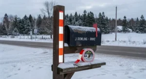 Rural roadside mailbox marker highlighted with a bright reflective safety tape roll for easy snowplow detection in Canada.