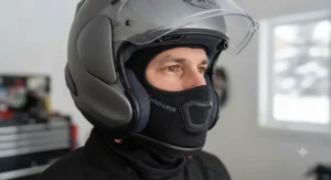 Motorcycle rider demonstrating the correct fit of a windproof balaclava and helmet seal to prevent breath leaks.