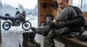 Motorcyclist putting on thermal socks for motorcycle riding before a crisp morning trip.