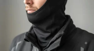 Safety illustration highlighting reflective piping on a balaclava for motorcycle riding for low-light evening commutes.