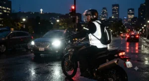 Reflective motorcycle vest shining brightly under vehicle headlights during a dark autumn evening commute in Montreal.