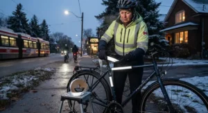 Cyclist applying reflective safety tape roll to a commuter bicycle for safe riding during dark Canadian winter evenings.
