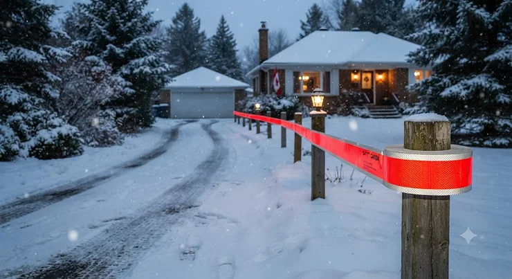 A high-visibility reflective safety tape roll marking a Canadian driveway during snowy winter conditions.