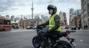 Urban motorcycle commuter in Toronto wearing a breathable reflective vest over a riding jacket.