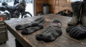 Flat lay of reinforced thermal socks for motorcycle riding with durable heel and toe panels.