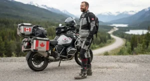 A comfortable rider wearing thermal socks ready for a long-distance motorcycle trip across Canada