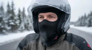 Close-up of a breathable thermal balaclava preventing visor fogging in sub-zero Canadian temperatures.