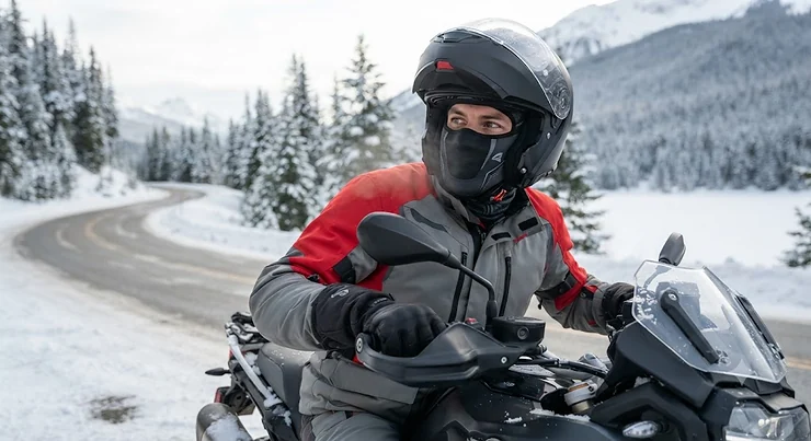 A motorcyclist wearing a thermal cold weather face mask for winter riding in Canada. cold weather face mask for motorcycle riding