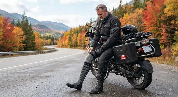 Rider wearing thermal socks for motorcycle riding in cold Canadian autumn weather.