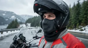 High-quality waterproof face mask for motorcyclists facing wet and cold Canadian weather.