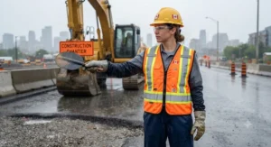 Waterproof reflective safety vest designed to maintain high visibility in wet weather conditions.