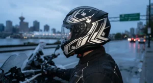 Durable and weatherproof reflective decals applied to a full-face motorcycle helmet