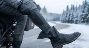 Windproof thermal socks for motorcycle riding designed for chilly winter highway commutes.