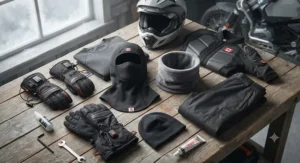 Flat lay of essential winter motorcycle gear in Canada including balaclavas, neck gaiters, and heated gloves.
