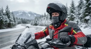 Essential winter motorcycle riding gear featuring an insulated face mask for maximum warmth.