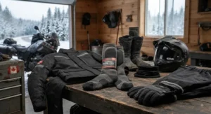 Thermal socks for motorcycle riding displayed alongside winter riding gear in Canada.
