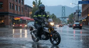 An affordable high-visibility budget motorcycle rain suit with reflective strips for low-light commuting across Canada.