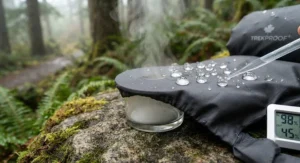 Demonstration of breathable waterproof fabric on a high-performance packable rain suit.
