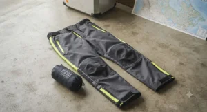 Breathable packable rain pants laid out for long-distance motorcycle touring adventures.