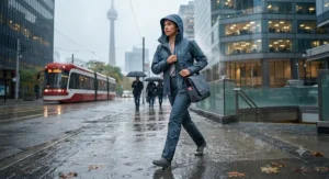 Urban commuter wearing a lightweight rain jacket and pants set during a rainy autumn day in Toronto.