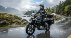 Breathable waterproof motorcycle rain gear suitable for unpredictable spring showers across Canada.