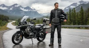 Breathable waterproof motorcycle jacket and trousers designed for long-distance tall riders.