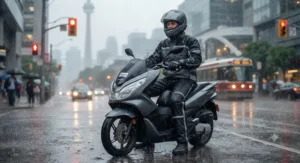 A touring motorcyclist stopped in British Columbia wearing a breathable waterproof rain jacket and pants set designed for unpredictable weather.