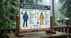 Infographic summarizing the pros and cons of a rain jacket and pants set versus a one-piece rain suit.