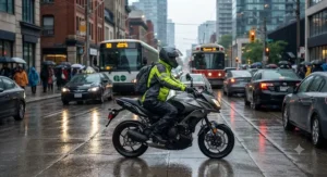 Illustration of a motorcyclist navigating morning city traffic wearing a hi-vis rain jacket.