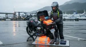 A commuter packing essential motorcycle rain gear for a safe wet-weather ride on Canadian highways.