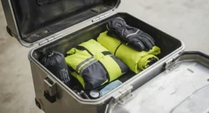 Compact packable motorcycle rain gear neatly packed inside a touring saddlebag.