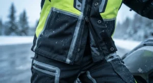 Illustration showing a packable waterproof rain jacket and pants set for motorcyclists packed neatly into a compact storage pouch for road trips across Canada.