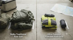 Visual comparison showing a bulky traditional rain suit next to ultra-compact packable motorcycle rain gear.