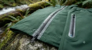 Close-up of taped seams and waterproof zippers on a durable men's packable rain suit.