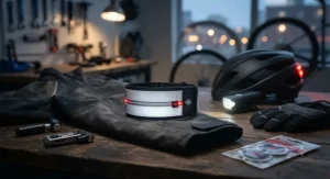 A durable hi-vis reflective armband for night cycling displayed alongside essential Canadian cycling safety gear.