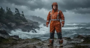 Full-coverage one-piece rain suit designed to keep out wind and heavy rain during severe storms.
