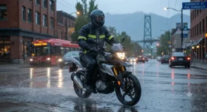 Heavy-duty yet budget motorcycle rain suit protecting a commuter from heavy downpours on Vancouver streets.
