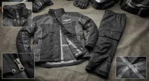 A heavy-duty motorcycle rain suit laid flat showing taped waterproof seams and heavy-duty zippers.