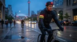 A cyclist wearing a hi-vis reflective armband for night cycling during an evening commute in Toronto.