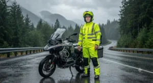 A neon yellow high-visibility motorcycle rain suit designed for maximum road safety across Canada.