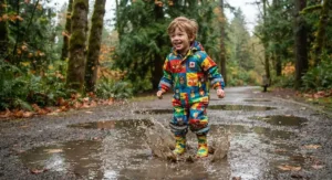 Child wearing a colourful, waterproof packable rain suit while splashing in puddles outdoors.