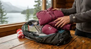 Traveler packing a compact, lightweight rain suit into a backpack for a trip across Canada.