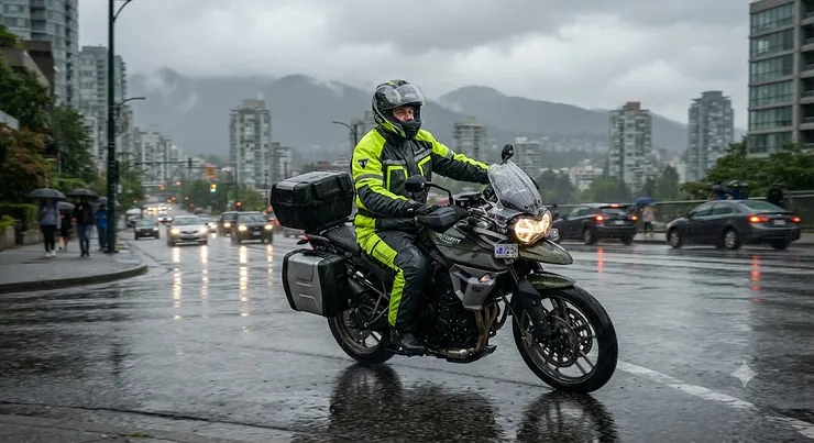 A commuter wearing waterproof motorcycle rain gear while riding through a rainy day in Vancouver, Canada. motorcycle rain gear for commuters