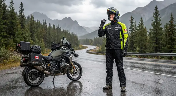 Tall rider wearing waterproof motorcycle rain jacket and pants designed for Canadian weather conditions. motorcycle rain gear for tall riders