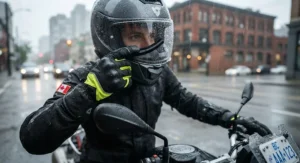 Waterproof motorcycle rain gloves featuring a built-in visor wiper for clear visibility in stormy weather.