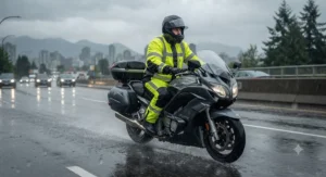 A full-body one-piece motorcycle rain suit protecting a commuter rider from highway splashes.