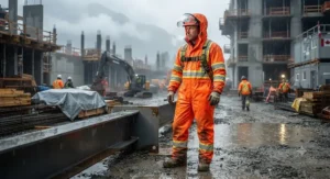 Worker wearing a high-visibility one-piece rain suit for heavy-duty protection on a rainy construction site.