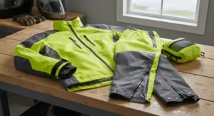 A packable budget motorcycle rain suit laid out to show its waterproof zipper closures and adjustable storm cuffs.