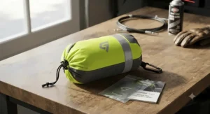 Illustration of a compact, packable hi-vis rain jacket for motorcycle commuting stored in a travel pouch.