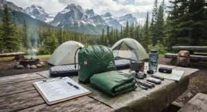 Packable rain jacket and pants set laid out as essential gear for camping trips in the Canadian Rockies.